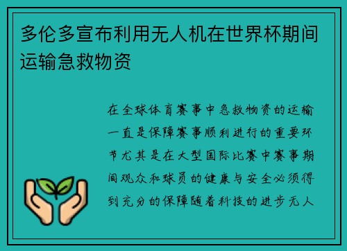 多伦多宣布利用无人机在世界杯期间运输急救物资 多伦多宣布利用无人机在世界杯期间运输急救物资
